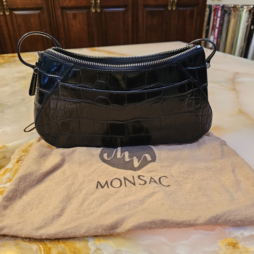 Monsac Black Croc-Embossed Shoulder Bag